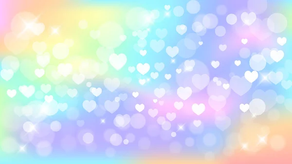 Regenboog fantasie achtergrond. Holografische illustratie in pastelkleuren. Leuke cartoon girly achtergrond. Heldere veelkleurige hemel met bokeh en harten. Vector. — Stockvector