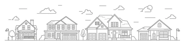 Landscape of the neighborhoods of the city, the houses of the suburbs residential area. A number of low-rise buildings of the village. Outline vector illustration. — Stock Vector