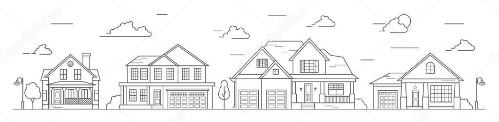 Landscape of the neighborhoods of the city, the houses of the suburbs residential area. A number of low-rise buildings of the village. Outline vector illustration.