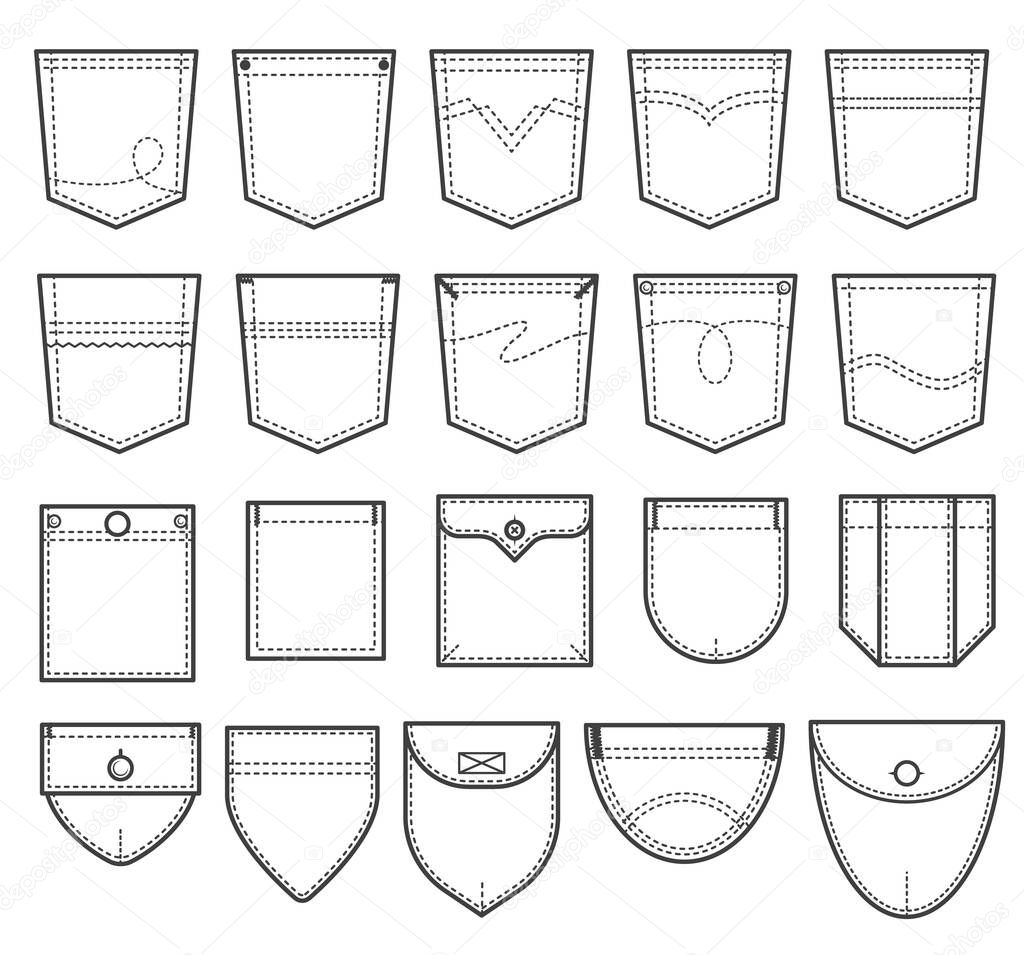 Set of denim pocket patches. Outline elements for uniform or casual style clothes, dresses and shirts. Line vector illustration on white background