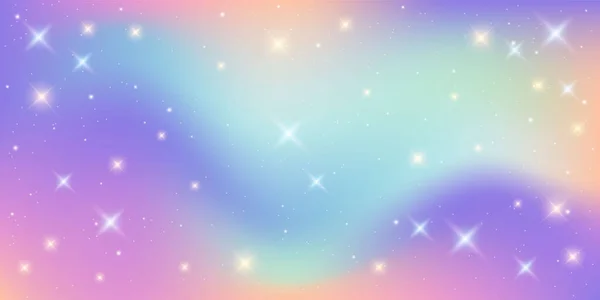 虹のファンタジーの背景。パステルカラーのホログラフィックイラスト。かわいい漫画の女の子のパターン。星と明るい多色の空。ベクトル — ストックベクタ