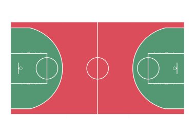 İşaretli basketbol sahası düzeni. Üst Manzara. Kırmızı ve yeşil zemin. Vektör