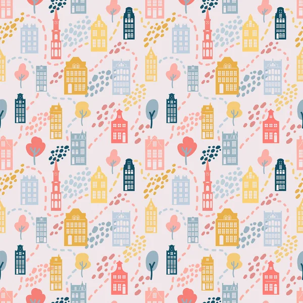 European old houses. Hand drawn seamless pattern with old european buildings. German, Netherlands style homes. Cute vector background.