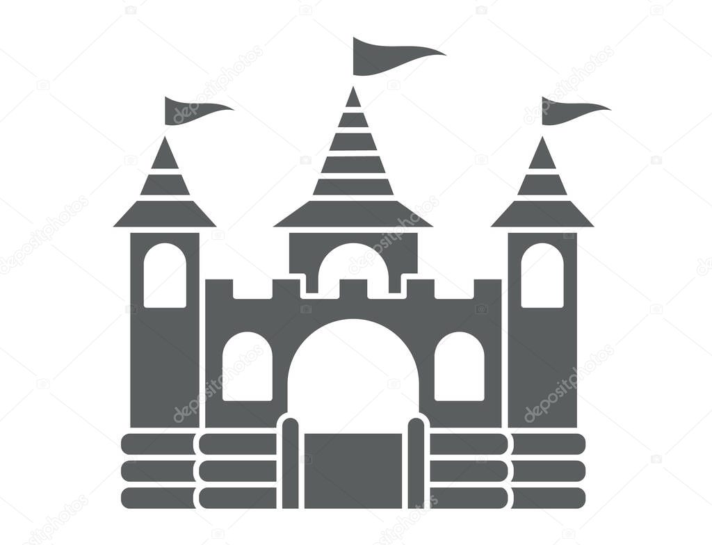 Bouncy inflatable castle. Tower and equipment for child playground. Jumping house sign. Glyph vector silhouette icon
