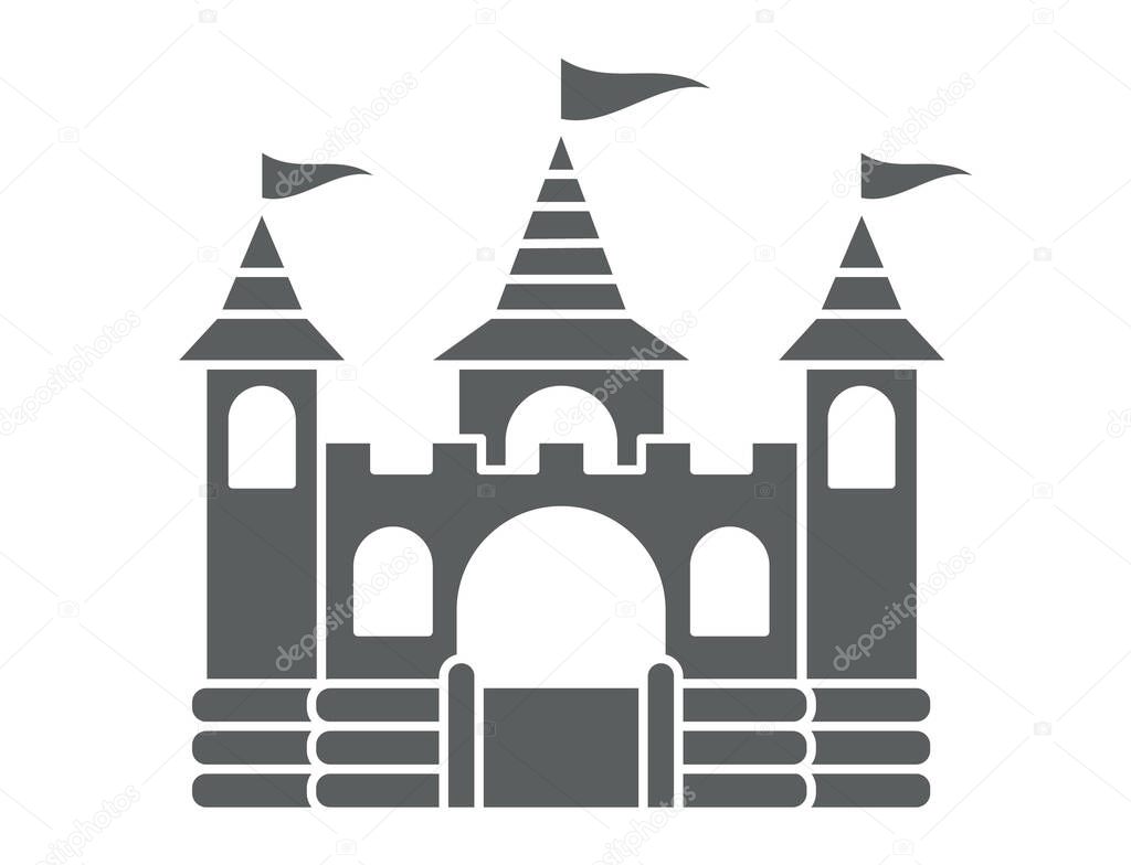 Bouncy inflatable castle. Tower and equipment for child playground. Jumping house sign. Glyph vector silhouette icon.