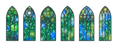 Gothic windows set. Vintage stained glass church frames. Element of traditional european architecture. Vector clipart