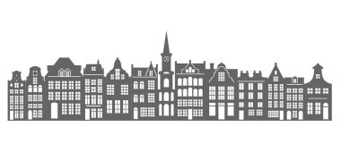 Amsterdam 'daki evlerin silueti. Yılbaşı süsü için Avrupa 'daki eski binaların cepheleri. Hollanda evleri. Vektör