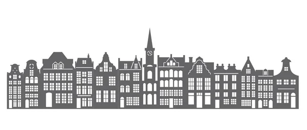 Silhouette d'une rangée de maisons Amsterdam. Façades de vieux bâtiments européens pour la décoration de Noël. Pays-Bas maisons. Vecteur — Image vectorielle