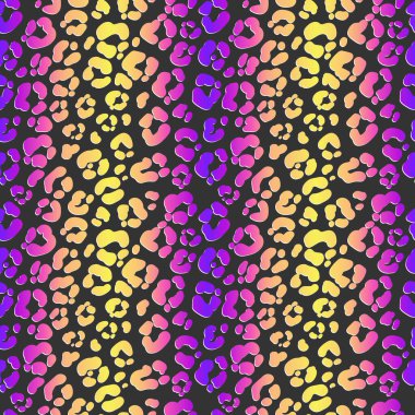 Neon leopar desensiz. Parlak renkli benekli arka plan. Gökkuşağı hayvan izi taşıyıcı.