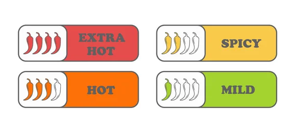 Pepper Spice szintek. Forró paprika jel a csípős étel csomagolásához. Paprikaszósz matricák. — Stock Vector