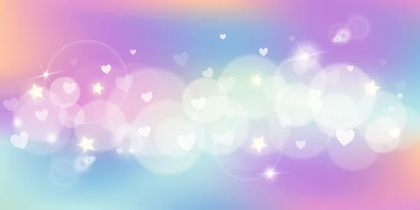 Fondo de fantasía arco iris. Ilustración holográfica en colores pastel. Cielo unicornio multicolor con estrellas, corazones y bokeh. Vector — Archivo Imágenes Vectoriales