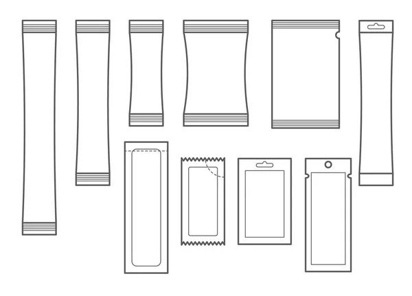 Set von Sachet-Symbolen. Verpackungsschablone für Zucker, Pfeffer, Maus, Medizin, Gewebe und Lebensmittel aufkleben. Vektor — Stockvektor