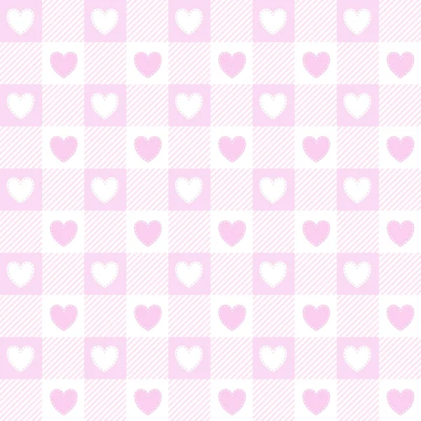 Valentines day gingham seamless pattern. Pink vichy checkered background with hearts. Vector. — Stock Vector