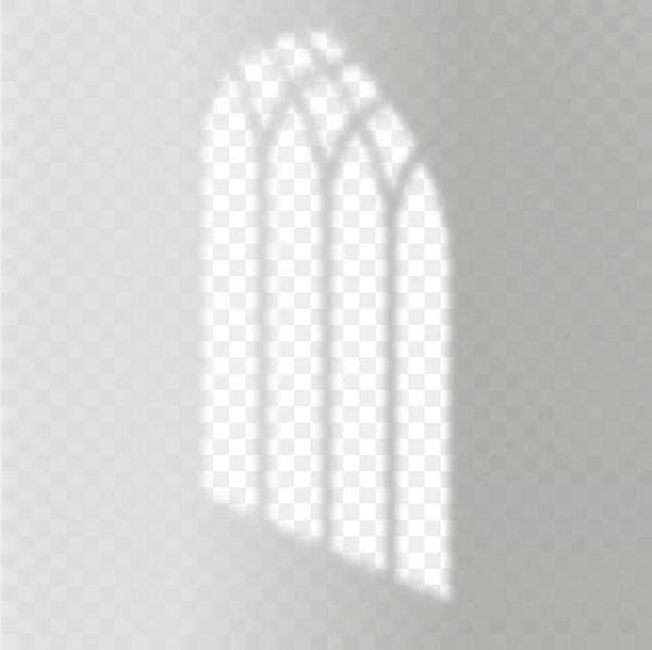 Kilisenin gotik penceresinin şeffaf gölgesi. Duvardaki ya da yerdeki çerçevenin doğal ışık etkisi. Model tasarımı. Vektör illüstrasyonu — Stok Vektör