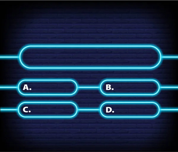 Plantilla de juego de Neon Quiz. Cuatro opciones de respuestas para el examen de conocimientos en la escuela, programa de televisión. Ilustración vectorial 10 eps — Vector de stock