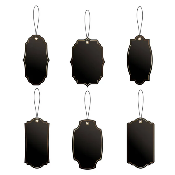 Set of black price or luggage tags of vintage shapes with rope. — Stockvektor