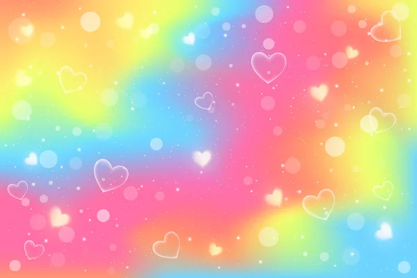 Regenbogen Fantasie Hintergrund. Holographische Illustration in Neonfarben. Nette Karikatur mädchenhaften Hintergrund. Heller, bunter Himmel mit Bokeh und Herzen. Vektor. — Stockvektor