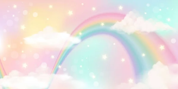 Holographische Fantasie Regenbogen Einhorn Hintergrund mit Wolken. Pastellfarbener Himmel. Magische Landschaft, abstraktes Fabelmuster. Niedliche Bonbons Tapete. Vektor. — Stockvektor