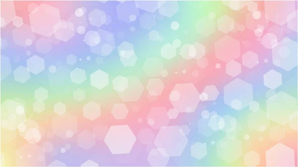 Fondo de fantasía arco iris. Ilustración holográfica en colores pastel. Lindo fondo femenino de dibujos animados. Cielo multicolor brillante con hexágonos y bokeh. Vector. — Vector de stock