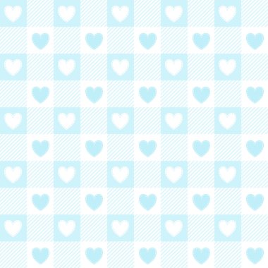 Valentines day gingham seamless pattern. Blue vichy checkered background with hearts. Vector.