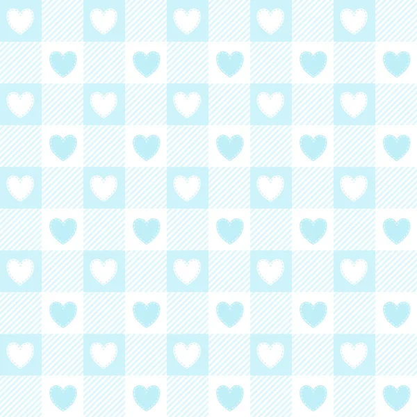 Valentines day gingham seamless pattern. Blue vichy checkered background with hearts. Vector. — Stockvektor