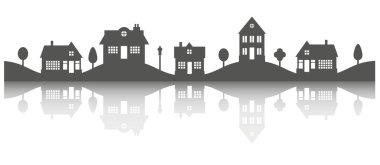 Kenar mahalle manzarası. Ufuk çizgisindeki yansımalı evlerin silueti. Kırsal kır evleri. Kabartma vektör illüstrasyonu.