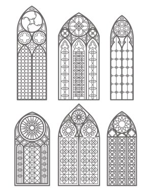 Gotik pencere hatları ayarlandı. Vintage mozaik cam kilise çerçeveleri silueti. Geleneksel Avrupa mimarisi unsuru. Vektör