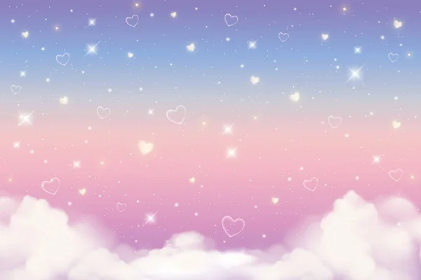 Holográfico fantasia arco-íris unicórnio fundo com nuvens, corações e estrelas. Céu de cor pastel. Paisagem mágica, padrão fabuloso abstrato. Papel de parede doce bonito. Vetor —  Vetores de Stock