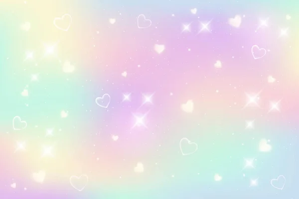 Regenboog fantasie achtergrond. Holografische illustratie in pastelkleuren. Leuke cartoon girly achtergrond. Heldere veelkleurige hemel met bokeh en harten. Vector. — Stockvector