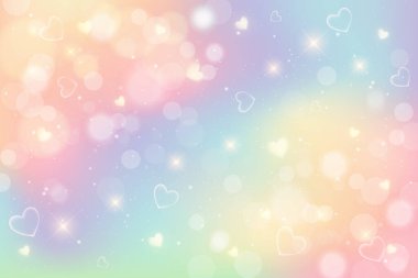 Gökkuşağı fantazisi. Pastel renklerde holografik çizim. Tatlı karikatür kız arkaplanı. Parlak renkli gökyüzü, bokeh ve kalplerle. Vektör.