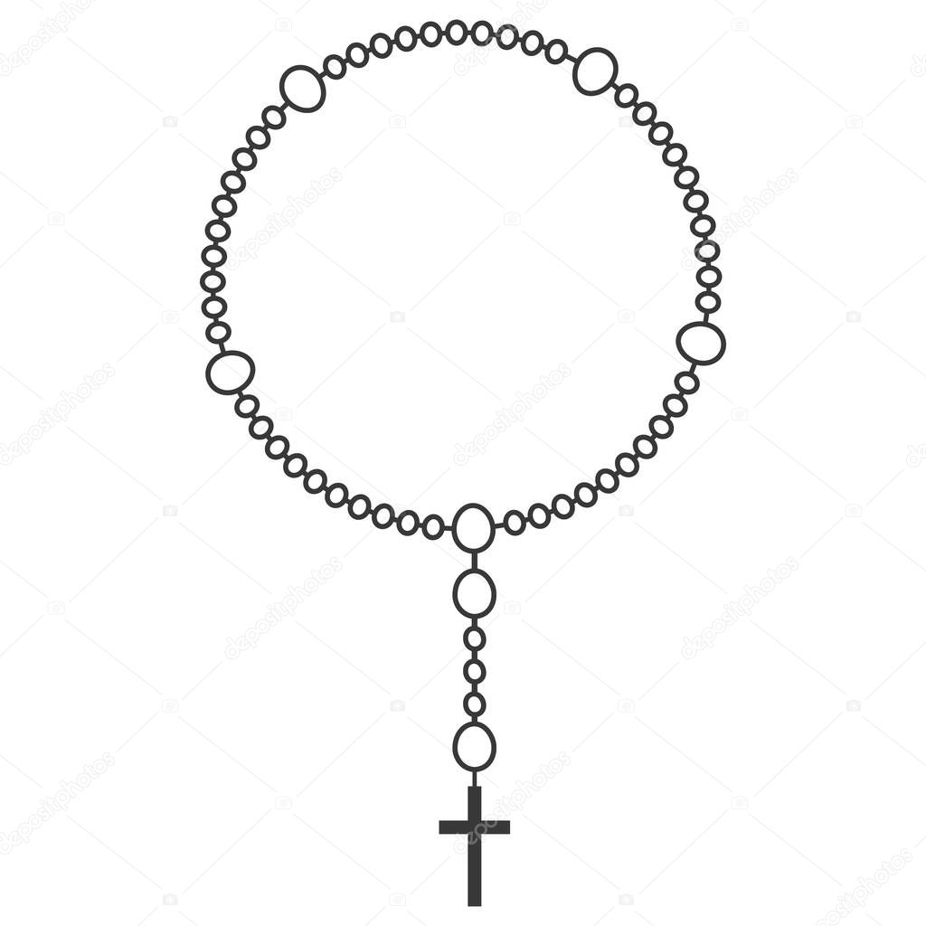 Rosary beads line illustration. Prayer jewelry for meditation. Catholic chaplet with a cross. Religion symbol. Vector.