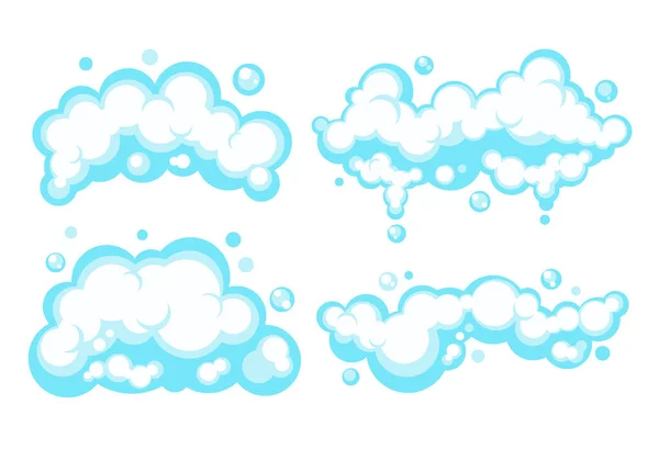 Cartoon soap foam set with bubbles. Light blue suds of bath, shampoo, shaving, mousse. Vector illustration. EPS 10 — Vettoriale Stock