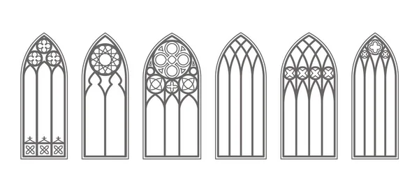 Ensemble de contours de fenêtres gothiques. Silhouette de cadres d'église en vitrail vintage. Élément de l'architecture européenne traditionnelle. Vecteur — Image vectorielle