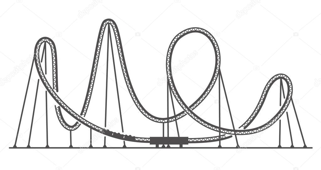 Rollercoaster silhouette. Ride track in amusement park. Scary attraction. Vector outline illustration.