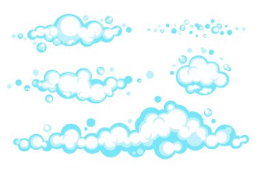 Cartoon soap foam set with bubbles. Light blue suds of bath, shampoo, shaving, mousse. Vector illustration. EPS 10 clipart