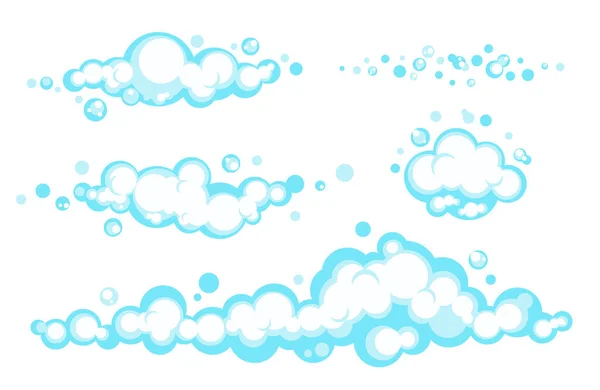 Cartoon soap foam set with bubbles. Light blue suds of bath, shampoo, shaving, mousse. Vector illustration. EPS 10 — Stock vektor