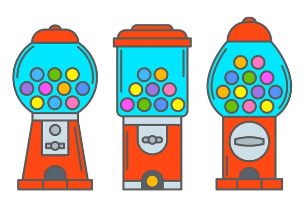 Gumball machine icoon set. Retro-automaat voor snoepjes en kauwgom. Sweets slot vector illustratie geïsoleerd op witte achtergrond — Stockvector