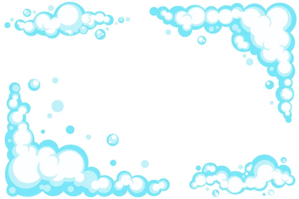 Мультяшний набір піни з бульбашками. Легкі блакитні рази ванни, шампунь, гоління, мус. Векторна рамка. ЕПС 10 — стоковий вектор