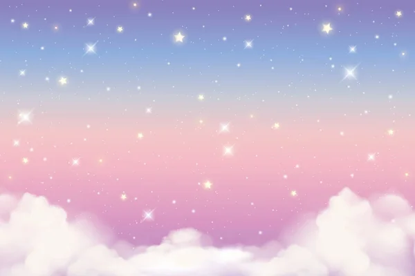 Holográfico fantasia arco-íris unicórnio fundo com nuvens e estrelas. Céu de cor pastel. Paisagem mágica, padrão fabuloso abstrato. Papel de parede doce bonito. Vetor. —  Vetores de Stock