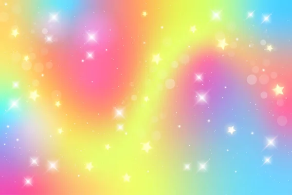 幻想的な虹の背景。パステルカラーの模様。星と心を持つ空。ベクトル — ストックベクタ