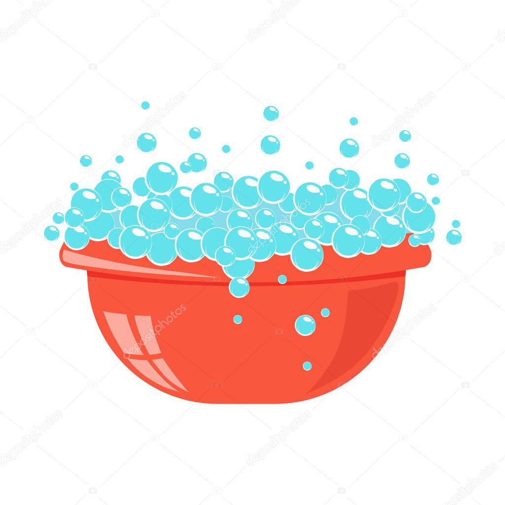 A basin with a soapy solution for washing clothes. Vector flat illustration isolated on white background.