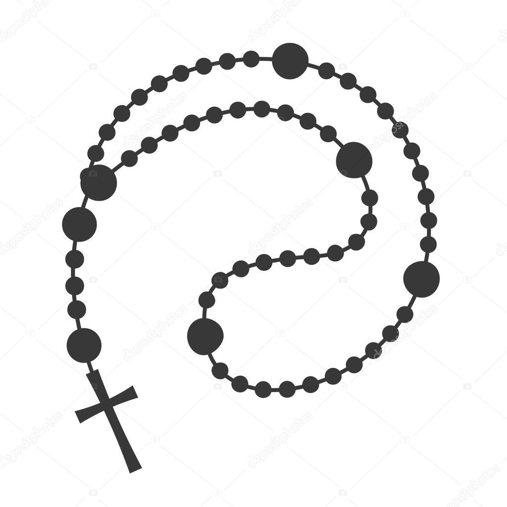 Rosary beads silhouette. Prayer jewelry for meditation. Catholic chaplet with a cross. Religion symbol. Vector isolated illustration