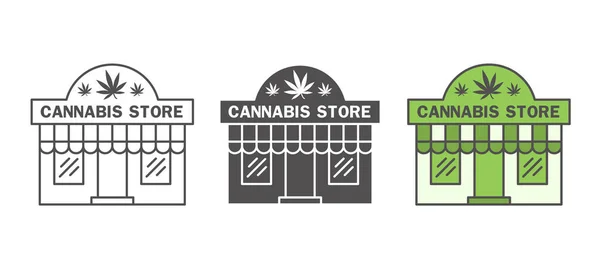 Ensemble d'icônes de magasin de cannabis. Boutique de marijuana médicale pour l'achat de mauvaises herbes. Décrivez l'illustration du bâtiment avant sur fond blanc. — Image vectorielle