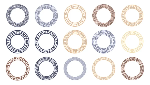 Circle greek frames. Round meander borders. Decoration elements patterns. Vector illustration isolated on white background. — Stock Vector