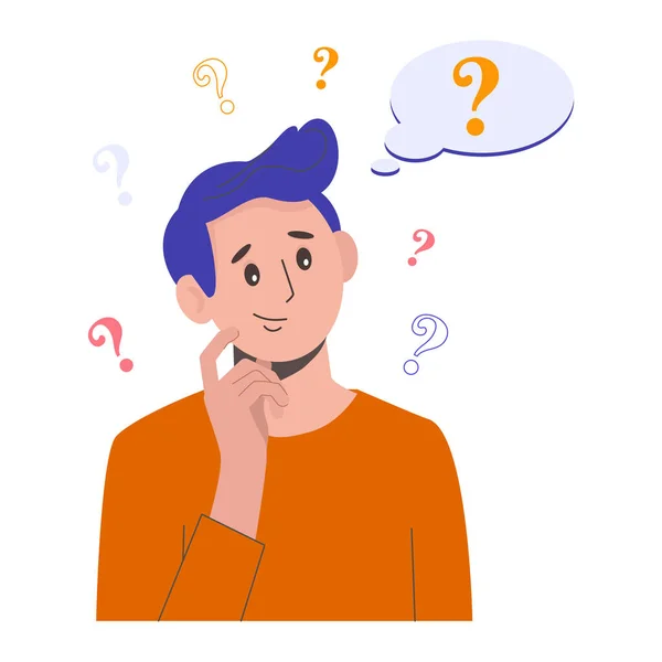 Portrait of young man. Boy with question mark in think bubble. People thinking or solving problem. Dilemma vector flat cartoon concept illustration. — Stock Vector