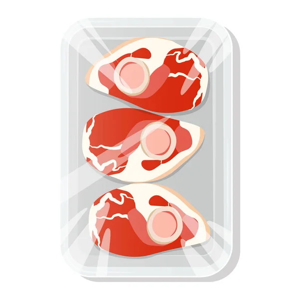 Μπριζόλα στο κόκαλο. Ένα κομμάτι κρέας σε μια συσκευασία κενού. Χοιρινό και μοσχάρι σε πλαστικό δίσκο. Εικονογράφηση διανύσματος. — Διανυσματικό Αρχείο