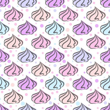 Meringue kurabiyeleri kusursuz desen. Marshmallow ve Zephyr vektör çizimi. Fransız tatlı kremalı tatlı.