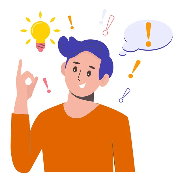 Problem solving concept. A man thinks and solves a problem. A luminous bulb as symbol of the appearance of a creative idea. Cartoon flat illustration — Stock Vector