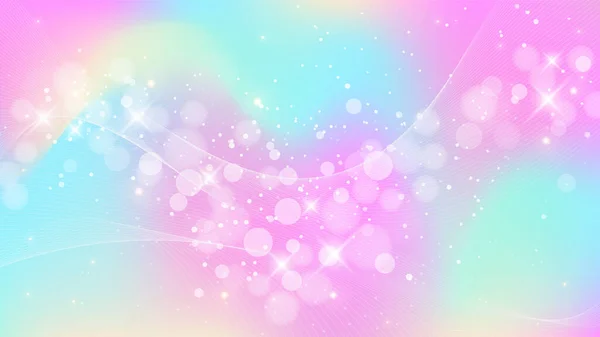 Arrière-plan fantaisie arc-en-ciel. Illustration holographique en couleurs pastel. Ciel multicolore licorne avec étoiles et bokeh. — Image vectorielle