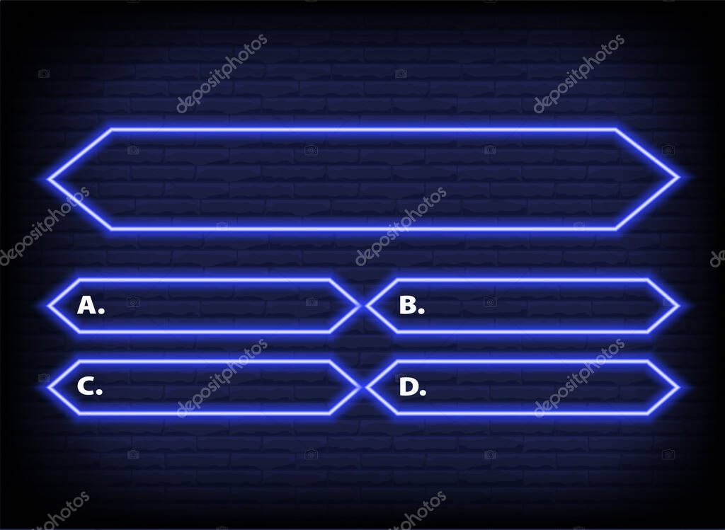 Neon quiz game template. Four options answers for knowledge exam in school, tv show. Vector Illustration 10 eps.